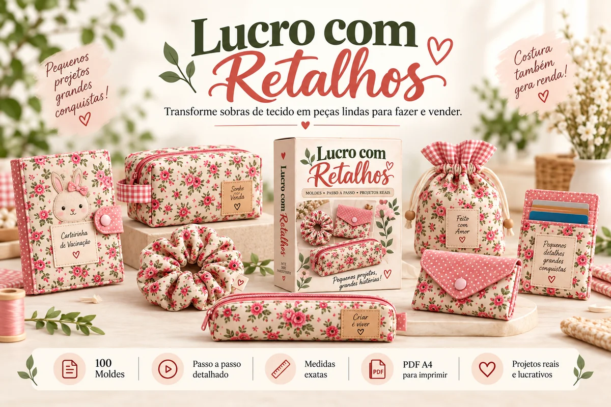 Lucro com Retalhos: 100 moldes com passo a passo detalhado e medidas exatas, em PDF A4, com peças prontas costuradas a partir de sobras de tecido